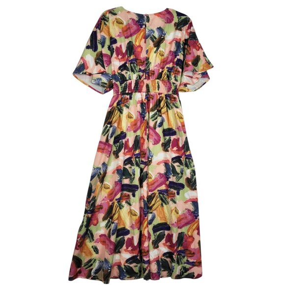 Shein Floral Maxi Dress Women's Large Multicolor Flutter Sleeve High Slit - Picture 3 of 9